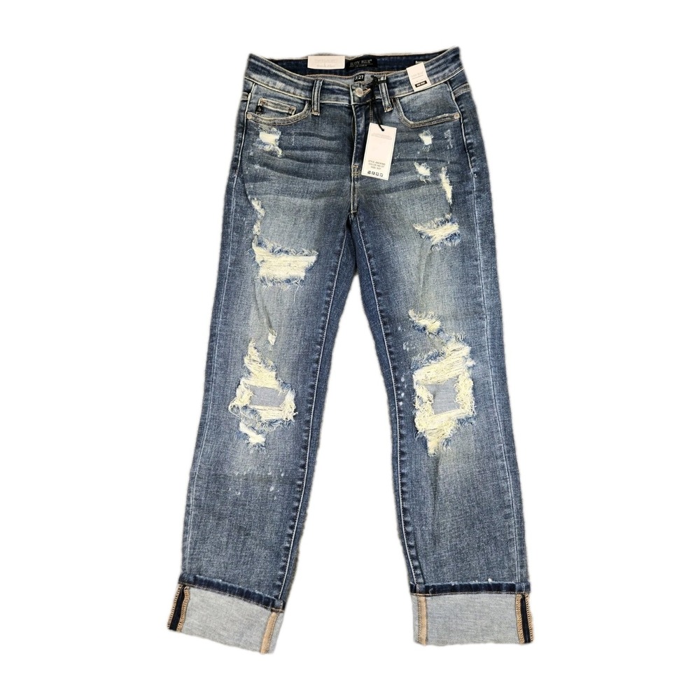 Judy Blue‎ Just My Type Destroyed Boyfriend Jeans Size 5 / 27 Distressed Cuffed